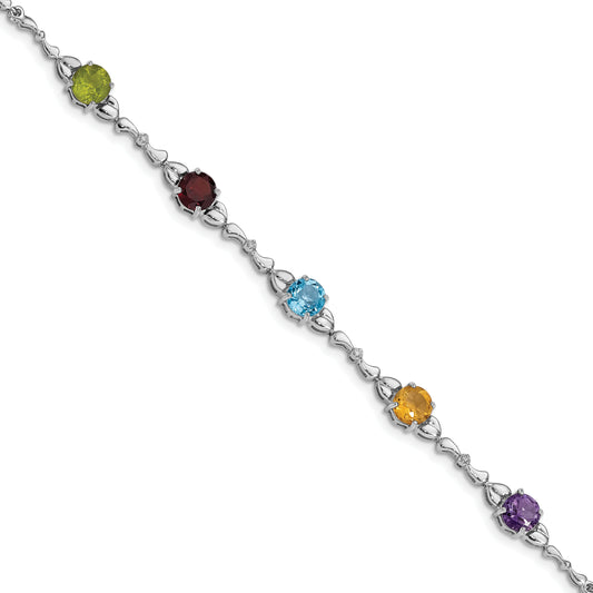 Sterling Silver Rhodium-Plated Multi Gemstone & Diamond Bracelet