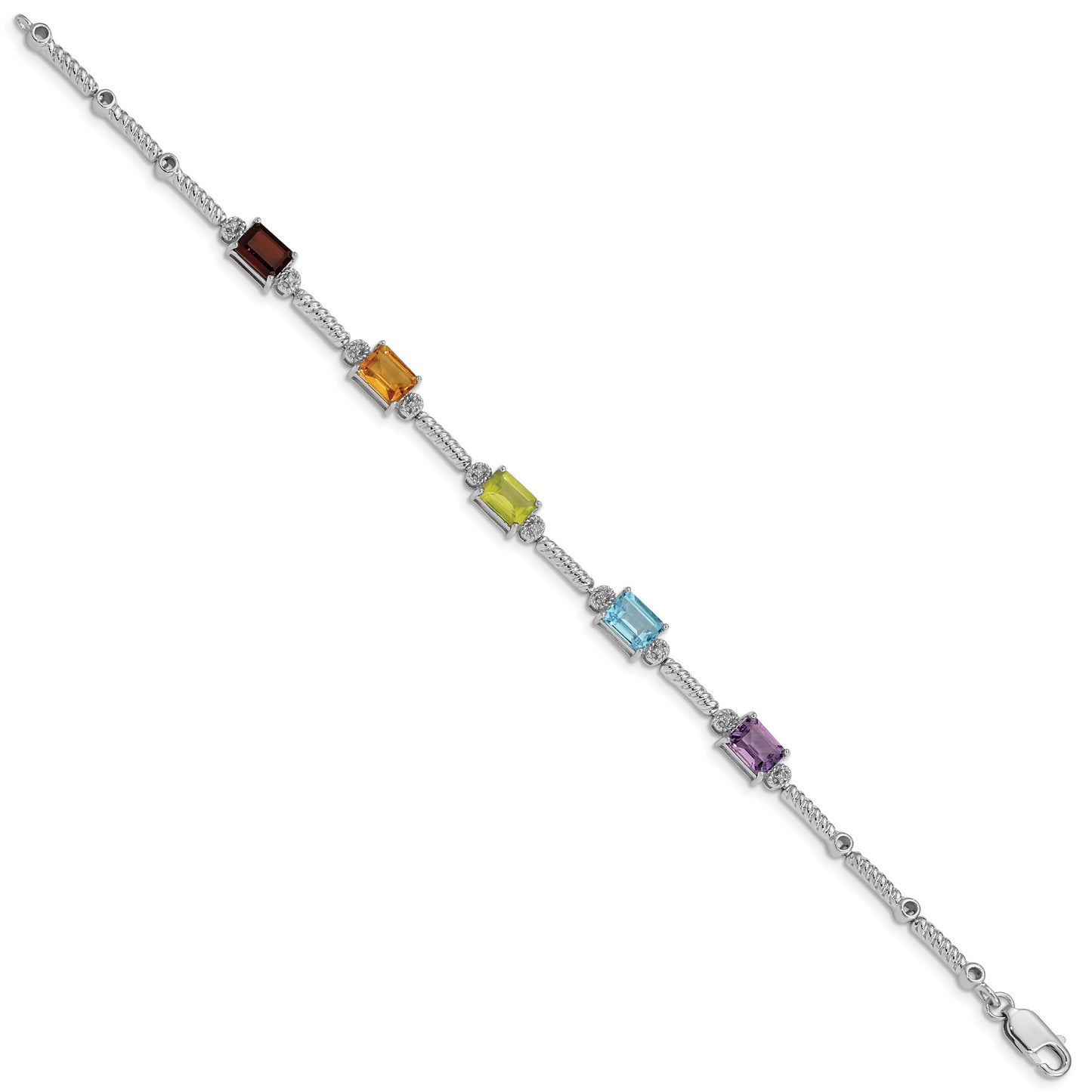 Sterling Silver Rhodium-Plated Multi Gemstone & Diamond Tennis Bracelet