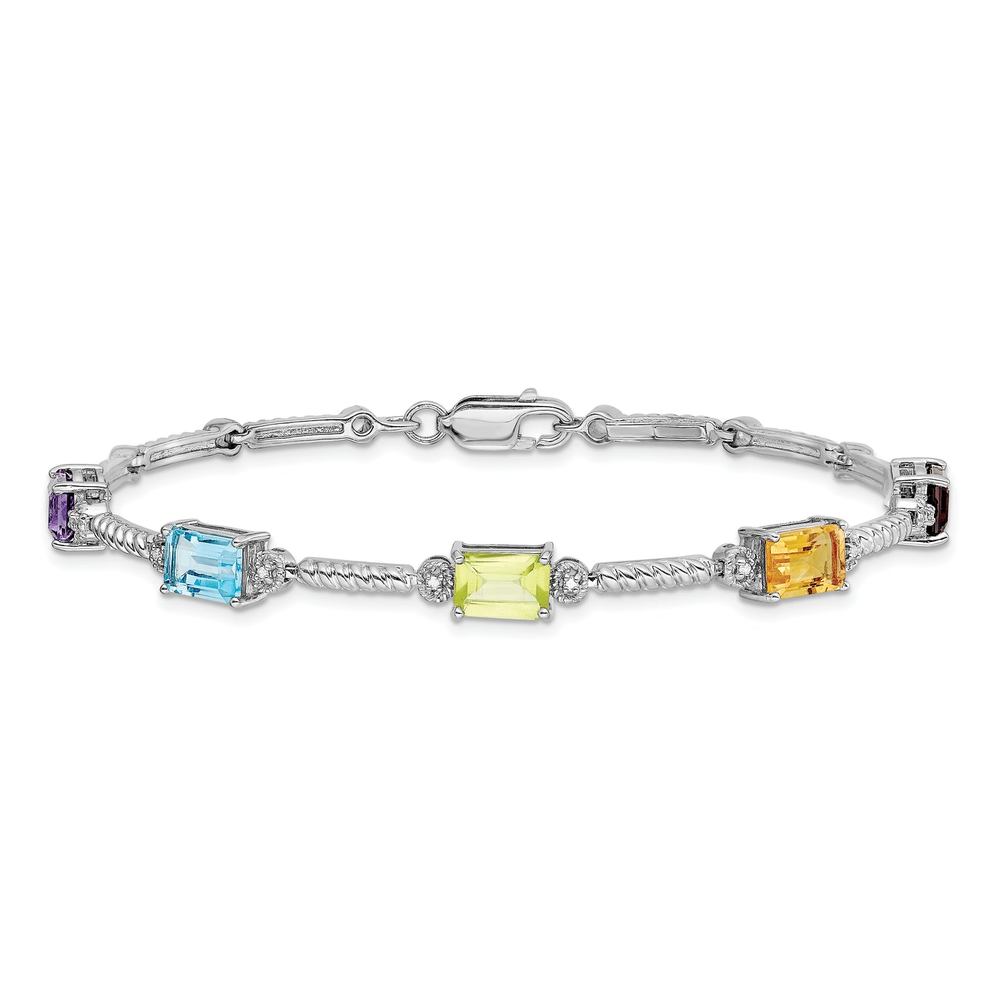 Sterling Silver Rhodium-Plated Multi Gemstone & Diamond Tennis Bracelet