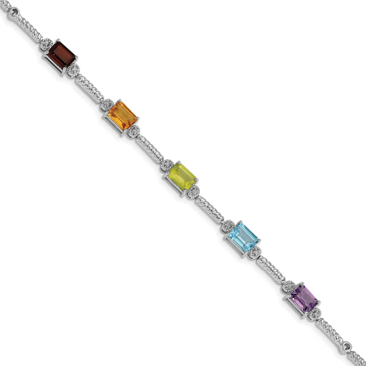 Sterling Silver Rhodium-Plated Multi Gemstone & Diamond Tennis Bracelet