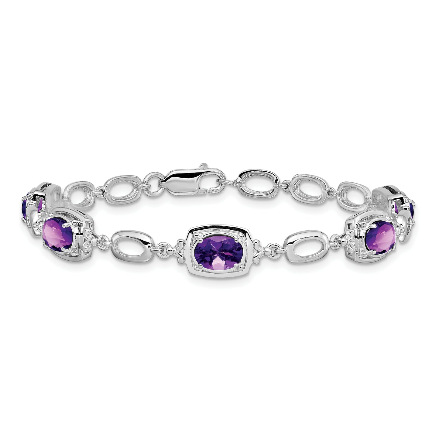 Sterling Silver Rhodium-Plated Amethyst Link Bracelet