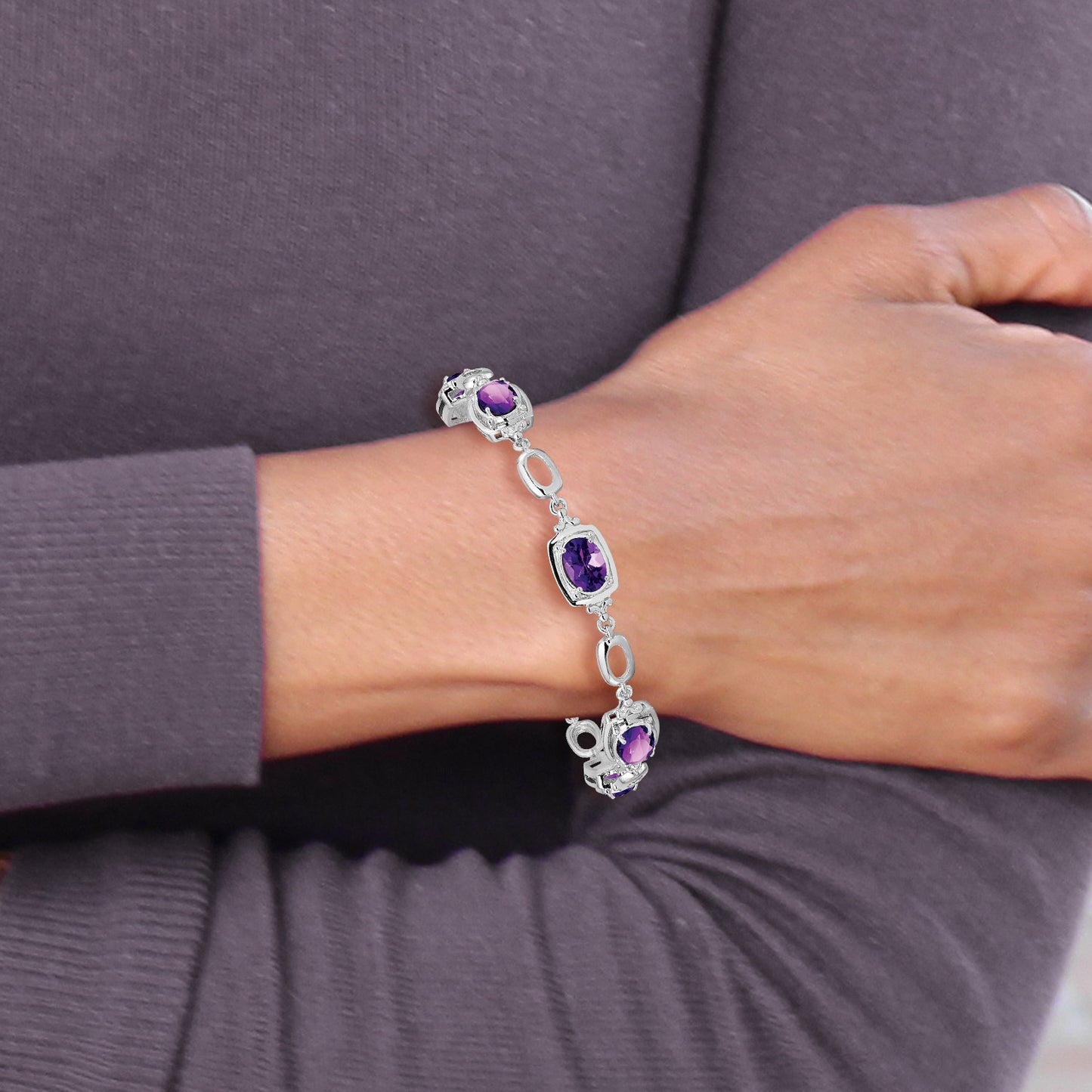 Sterling Silver Rhodium-Plated Amethyst Link Bracelet