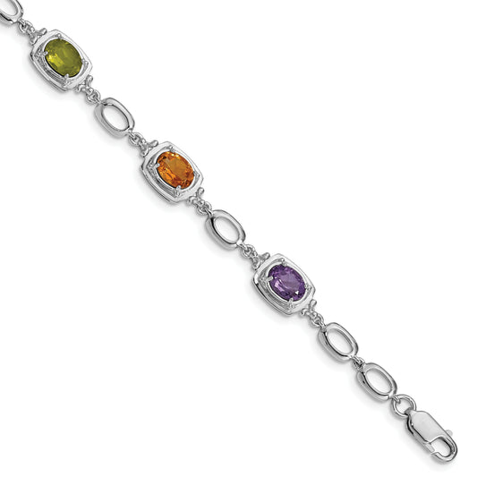 Sterling Silver Rhodium-Plated Multi Gemstone Link Bracelet