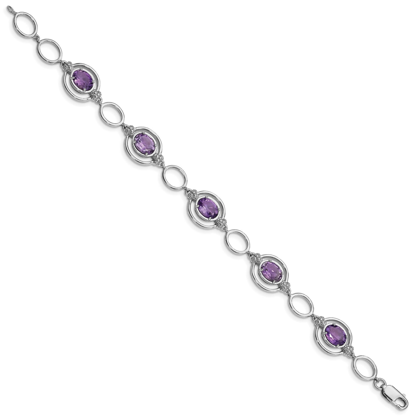 Sterling Silver Rhodium-Plated Amethyst Open Link Bracelet