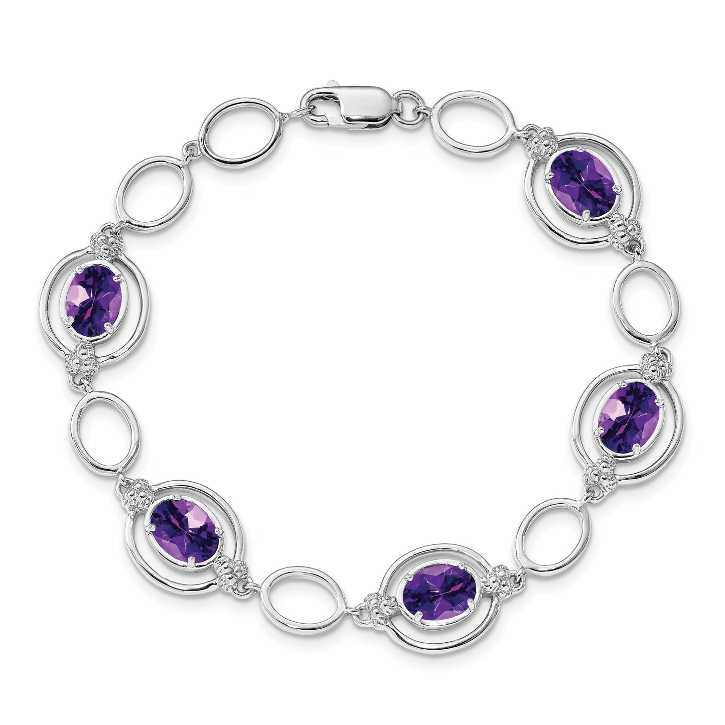 Sterling Silver Rhodium-Plated Amethyst Open Link Bracelet