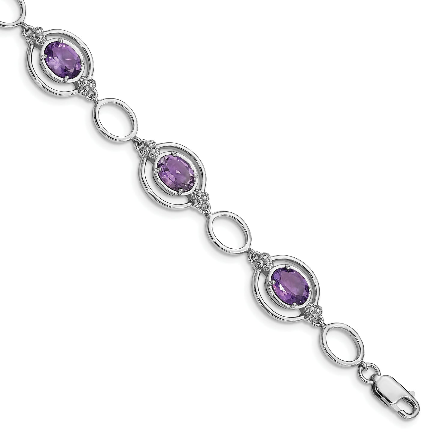 Sterling Silver Rhodium-Plated Amethyst Open Link Bracelet