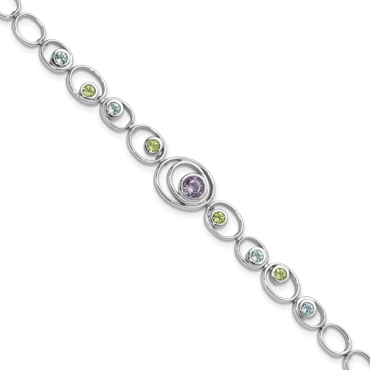 Sterling Silver Rhodium-Plated W/Peridot, Blue Topaz &Amethyst Bracelet