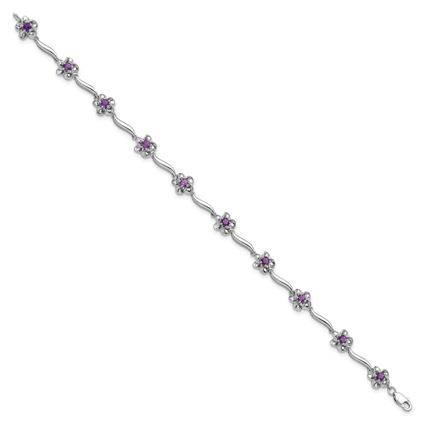 7.5 Inch Sterling Silver Rhodium-Plated Floral Amethyst Bracelet