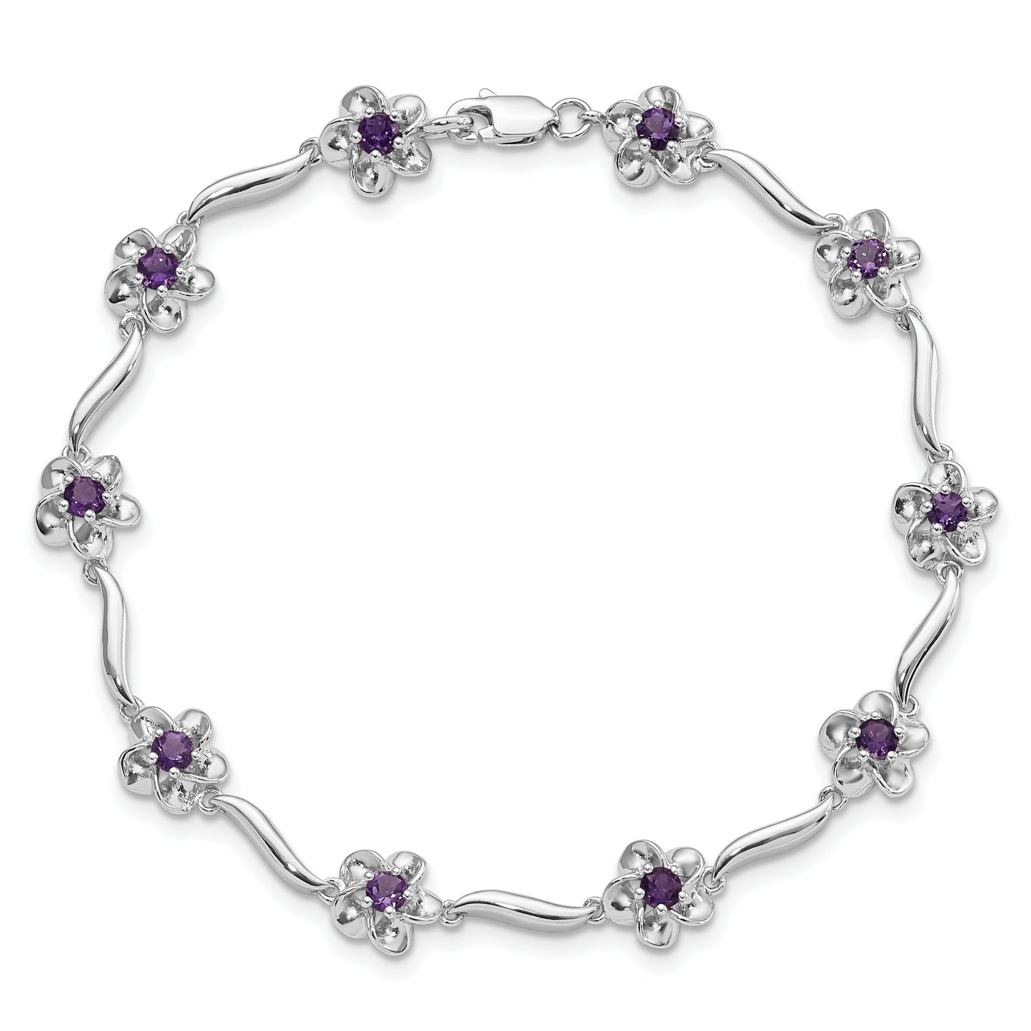 7.5 Inch Sterling Silver Rhodium-Plated Floral Amethyst Bracelet