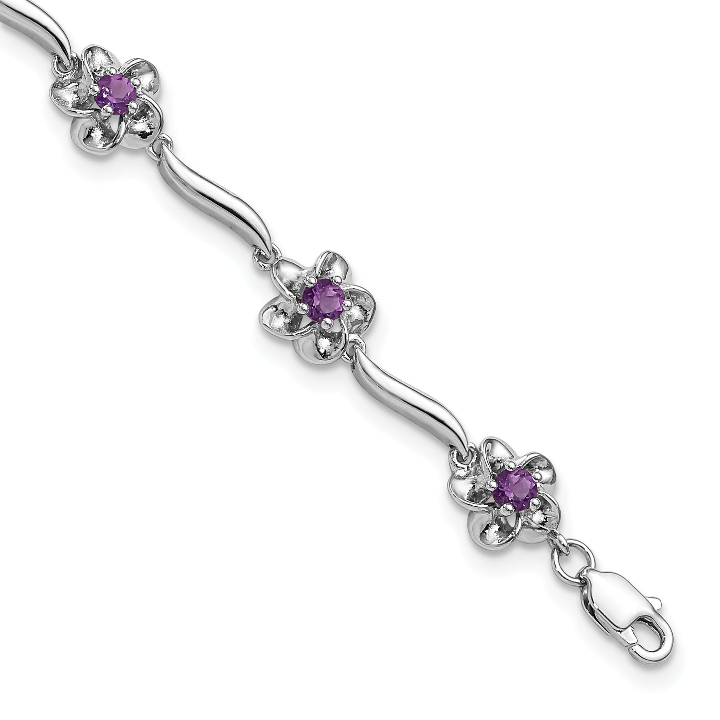 7.5 Inch Sterling Silver Rhodium-Plated Floral Amethyst Bracelet