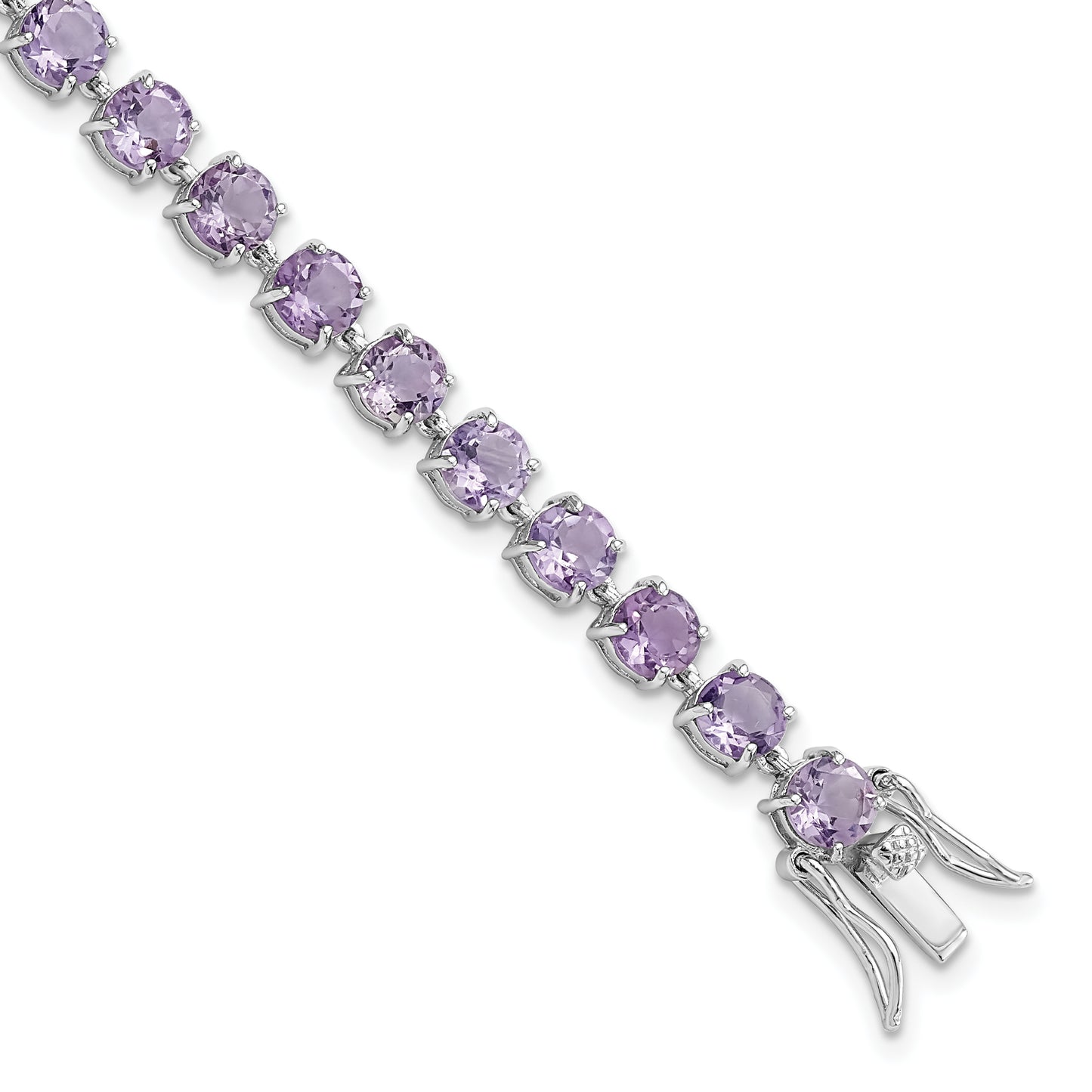 7 Inch Sterling Silver Rhodium-Plated Polished 5mm Amethyst Stone Bracelet