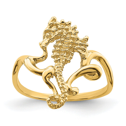 14K Yellow Gold Polished / Textured 2-D Seahorse Ring (Size 7)