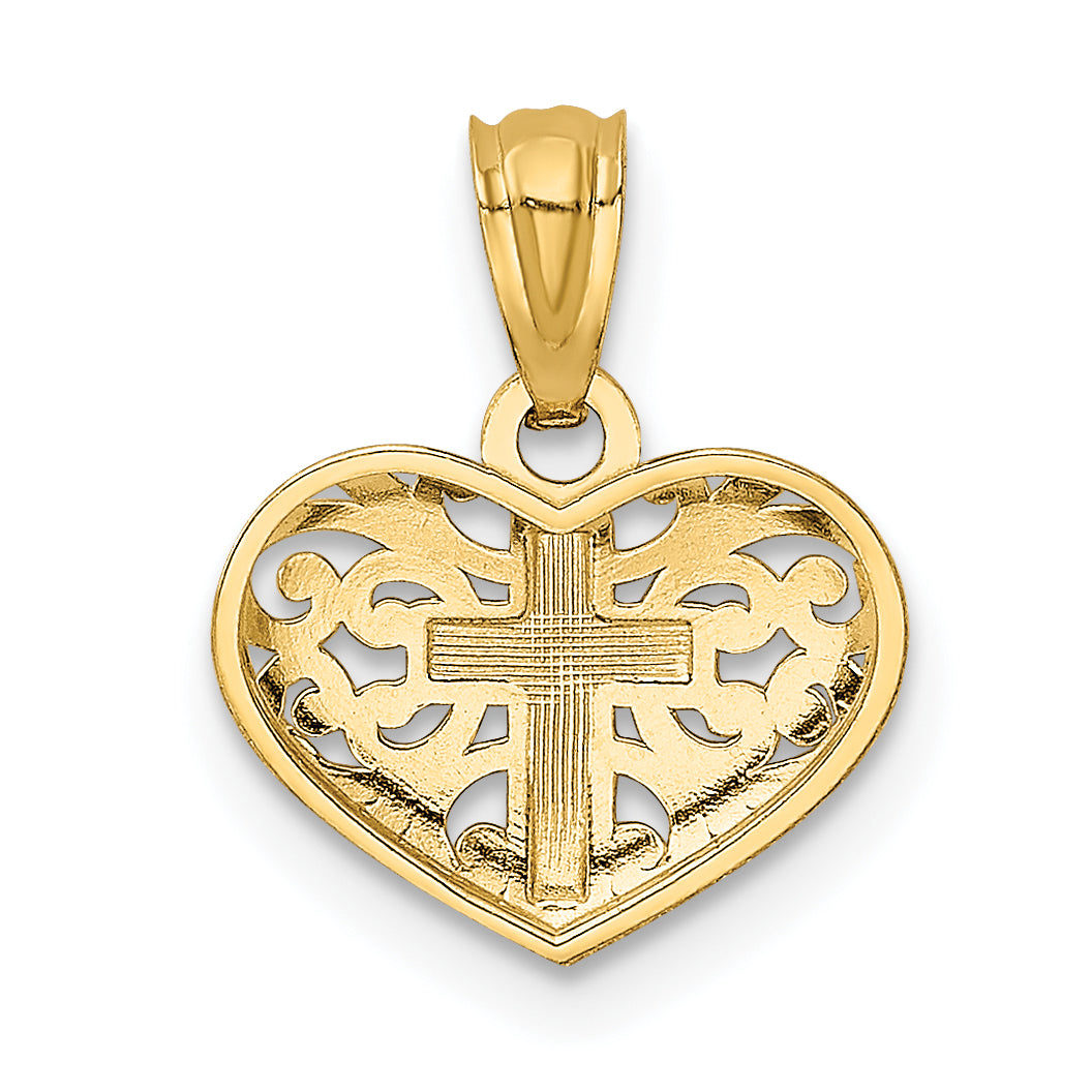 14K Yellow & Rhodium W/Rhodium Cross In Heart Pendant