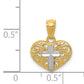 14K Yellow & Rhodium W/Rhodium Cross In Heart Pendant