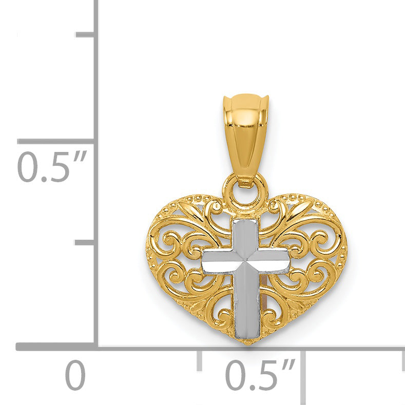 14K Yellow & Rhodium W/Rhodium Cross In Heart Pendant