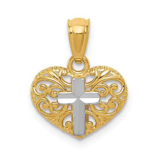 14K Yellow & Rhodium W/Rhodium Cross In Heart Pendant