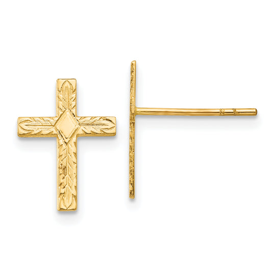 14K Yellow Gold Polished & Textured Cross Earrings