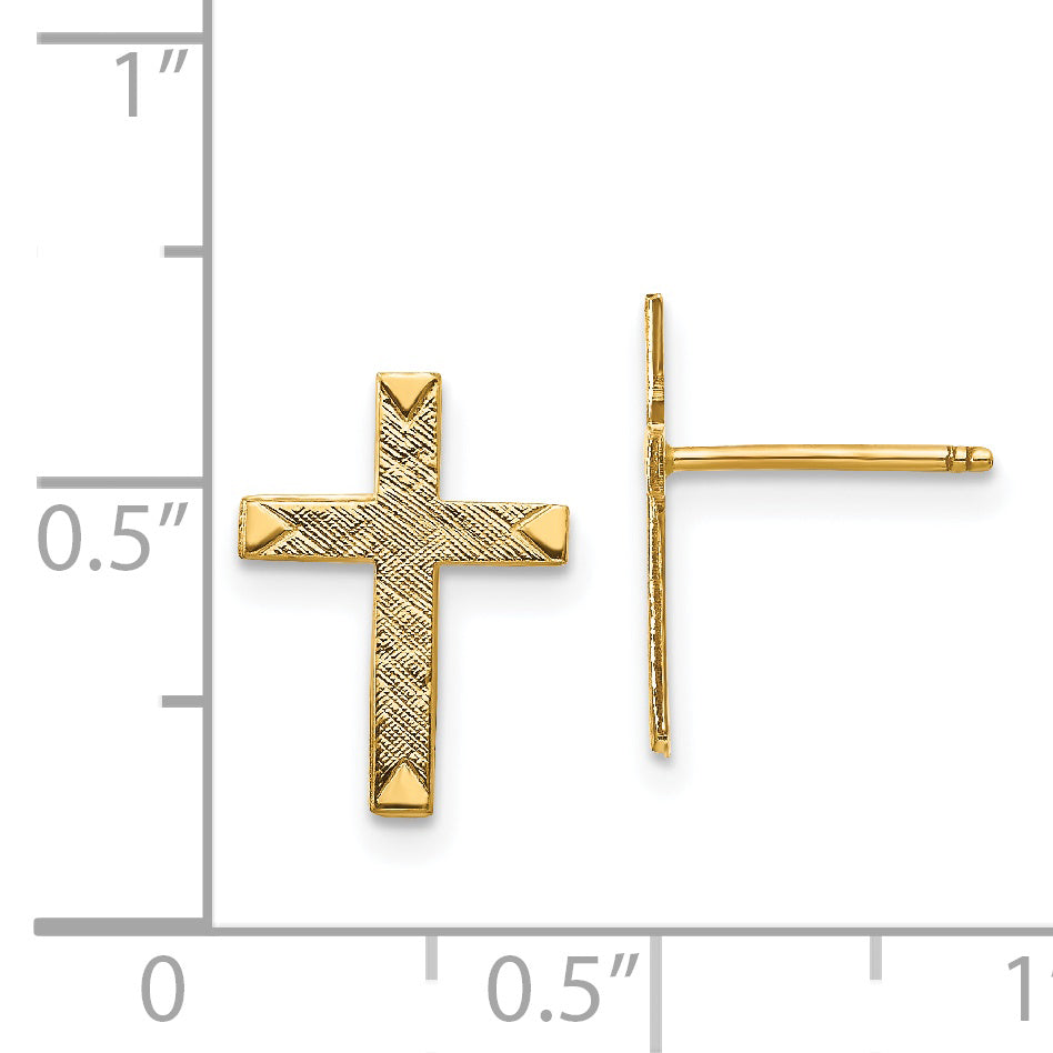 14K Yellow Gold Brushed Finish Cross Earrings