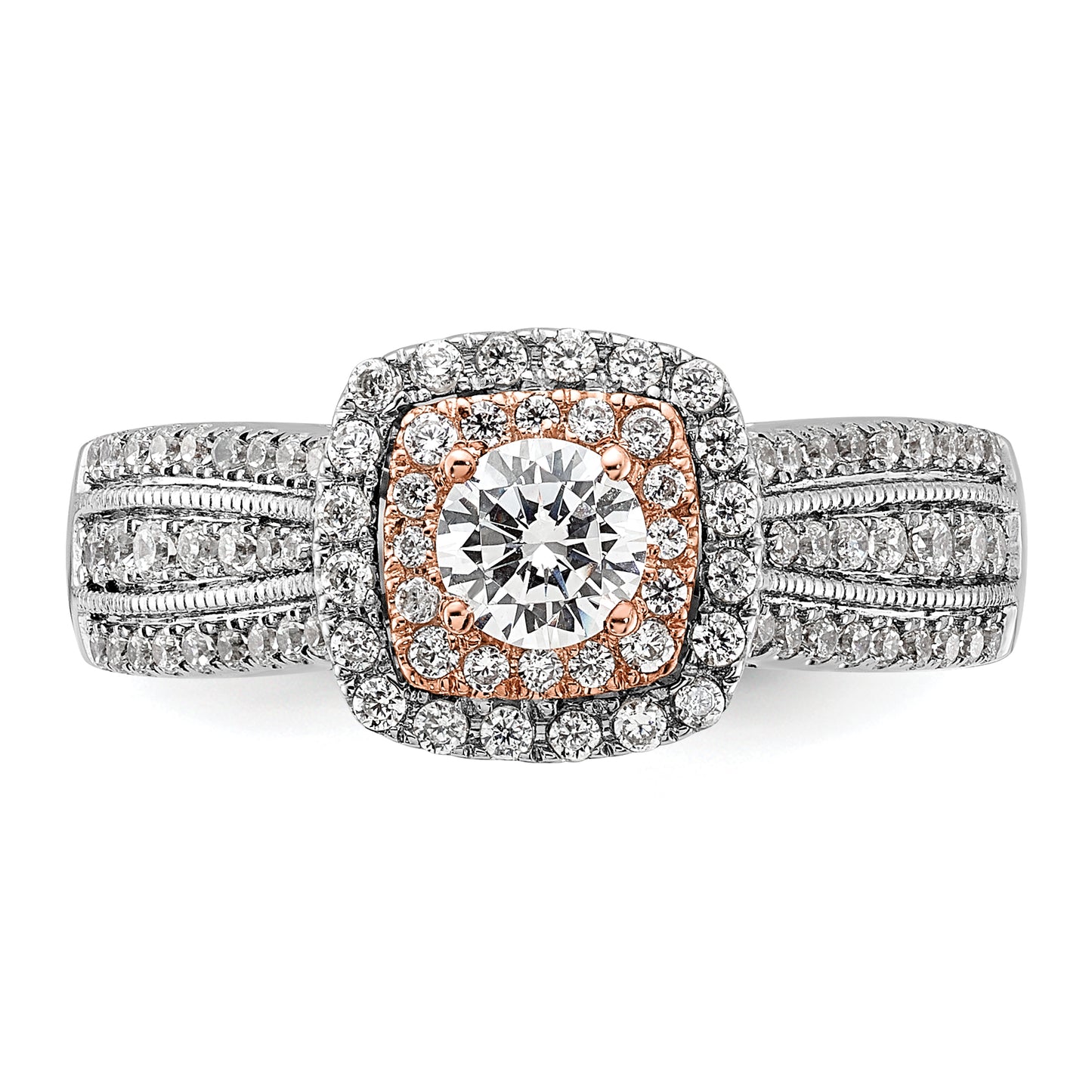 14k Two-Tone Rose and White Gold 7/8 Ct. Lab Grown Diamond VS/SI+ G+ Round Fancy Halo Engagement Ring