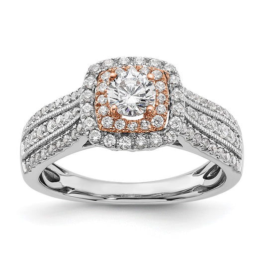 14k Two-Tone Rose and White Gold 7/8 Ct. Lab Grown Diamond VS/SI+ G+ Round Complete Fancy Halo Engagement Ring