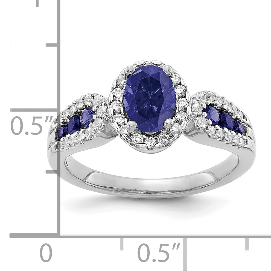 14k White Gold 1/3 Ct. Lab Grown Diamond VS/SI+ G+ and Oval Lab Created Blue Sapphire Ring