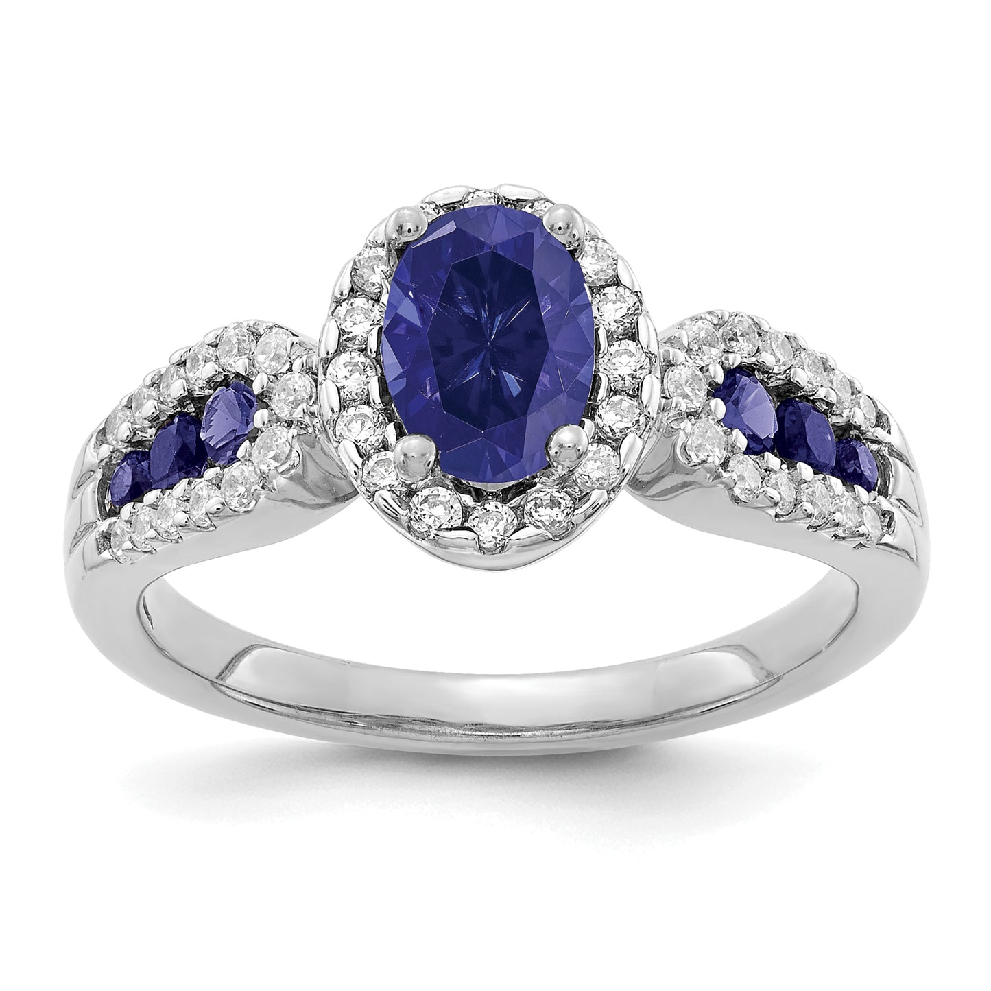 14k White Gold 1/3 Ct. Lab Grown Diamond VS/SI+ G+ and Oval Lab Created Blue Sapphire Ring