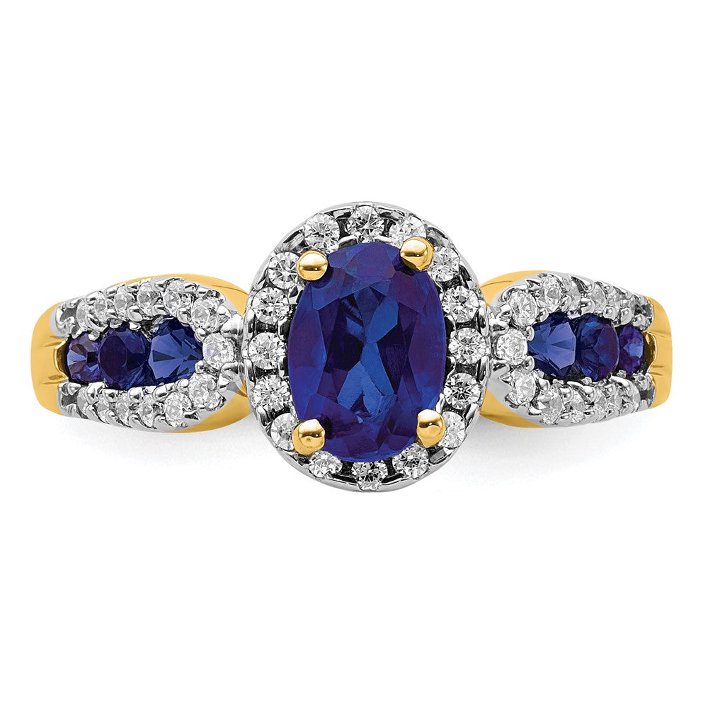 14k Yellow Gold 1/3 Ct. Lab Grown Diamond VS/SI+ G+ and Oval Lab Created Blue Sapphire Ring