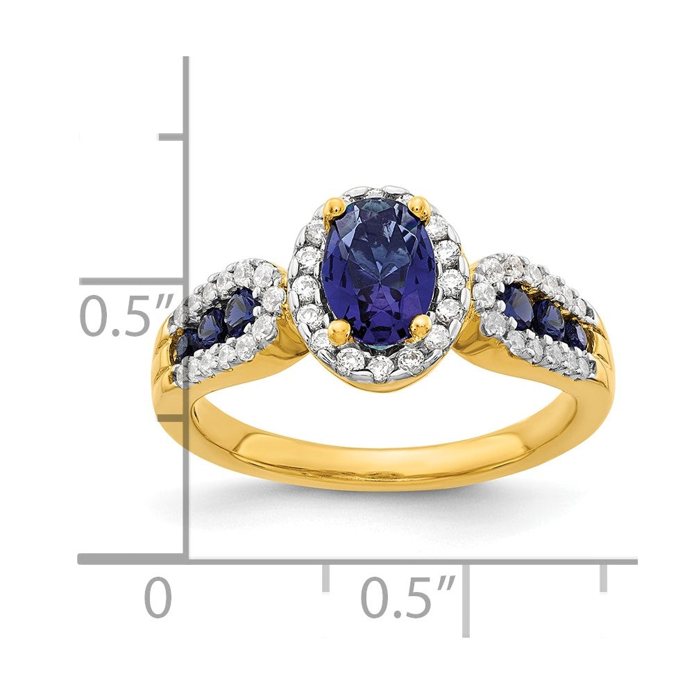 14k Yellow Gold 1/3 Ct. Lab Grown Diamond VS/SI+ G+ and Oval Lab Created Blue Sapphire Ring