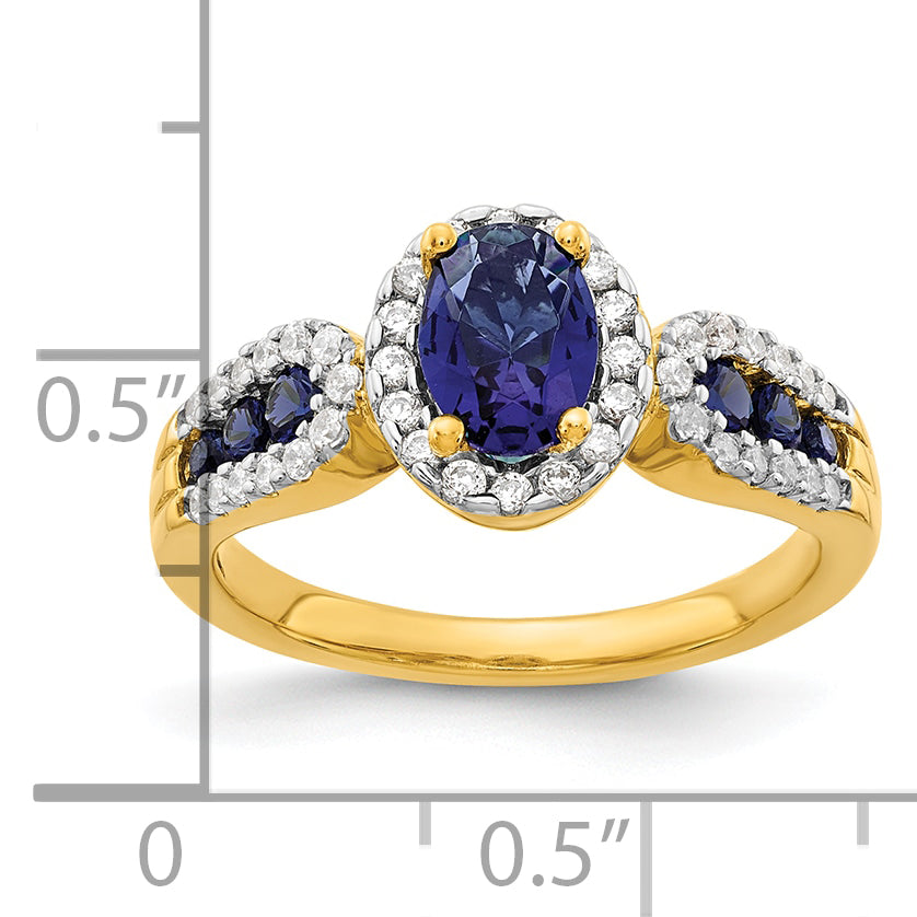 14k Yellow Gold 1/3 Ct. Lab Grown Diamond VS/SI+ G+ and Oval Lab Created Blue Sapphire Ring