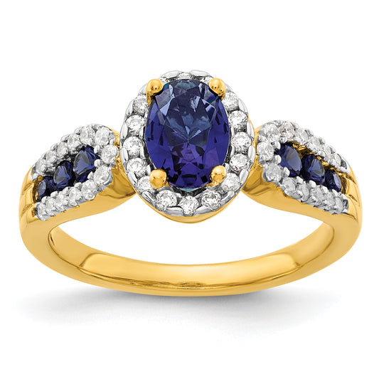 14k Yellow Gold 1/3 Ct. Lab Grown Diamond VS/SI+ G+ and Oval Lab Created Blue Sapphire Ring