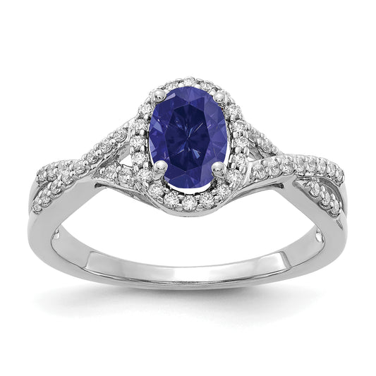 14k White Gold 1/5 Ct. Lab Grown Diamond VS/SI+ G+ and Lab Created Blue Sapphire Oval Halo Ring