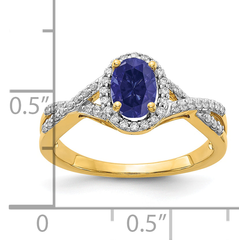 14k Yellow Gold 1/5 Ct. Lab Grown Diamond VS/SI+ G+ and Lab Created Blue Sapphire Oval Halo Ring