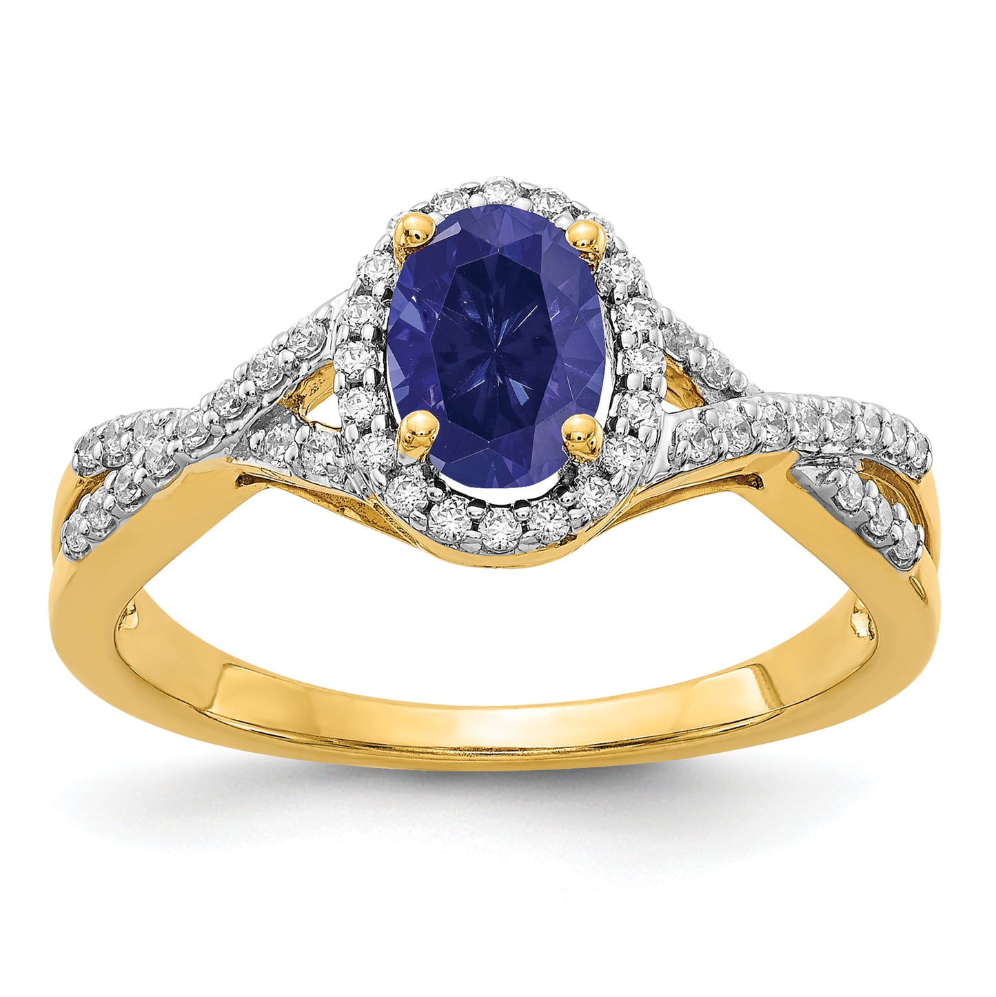 14k Yellow Gold 1/5 Ct. Lab Grown Diamond VS/SI+ G+ and Lab Created Blue Sapphire Oval Halo Ring