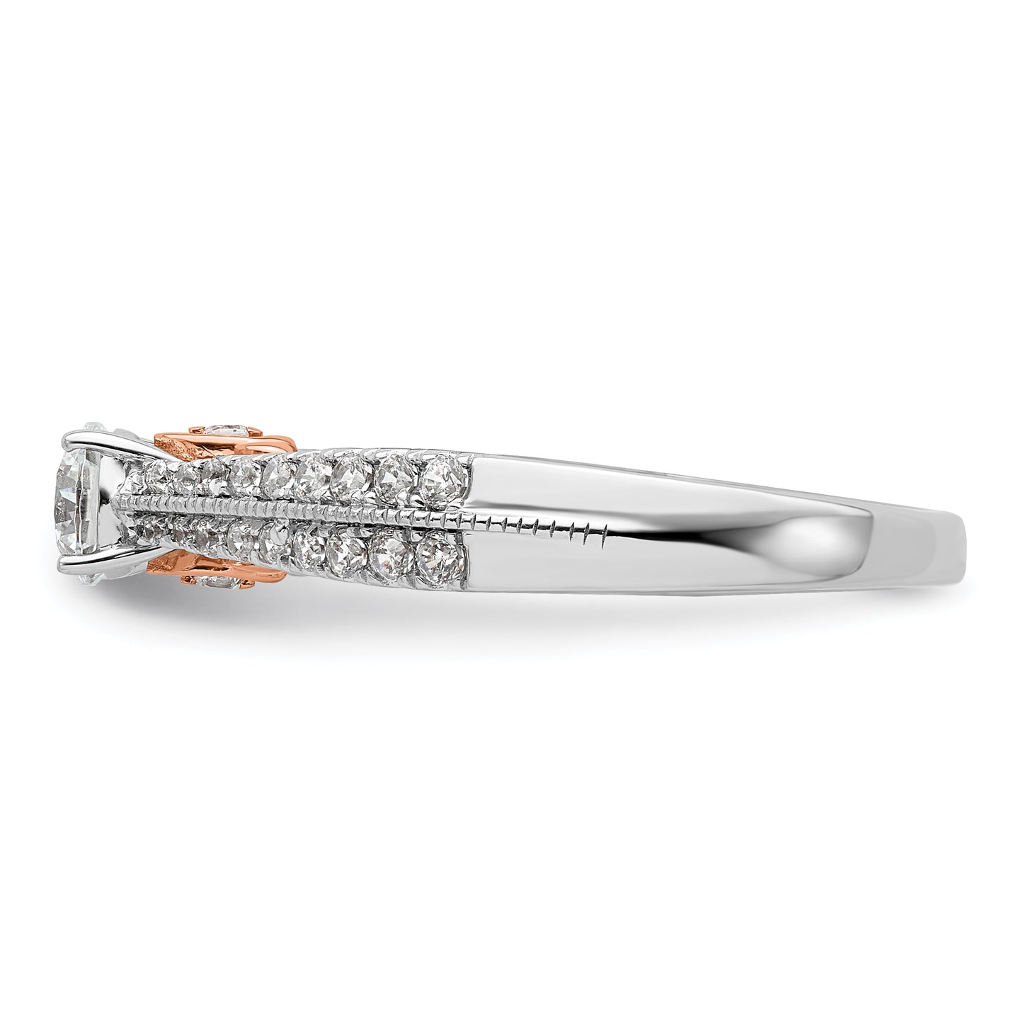 14k Two-tone Two Tone Rose and White Gold 3/4 Ct. Lab Grown Diamond VS/SI+ G+ Round Channel Set Shared Prong Engagement Ring