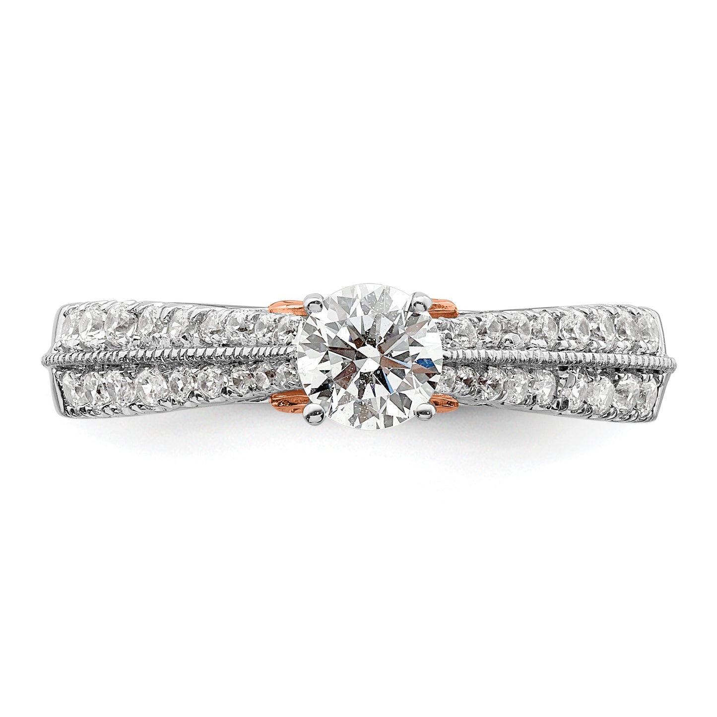 14k Two-tone Two Tone Rose and White Gold 3/4 Ct. Lab Grown Diamond VS/SI+ G+ Round Channel Set Shared Prong Engagement Ring