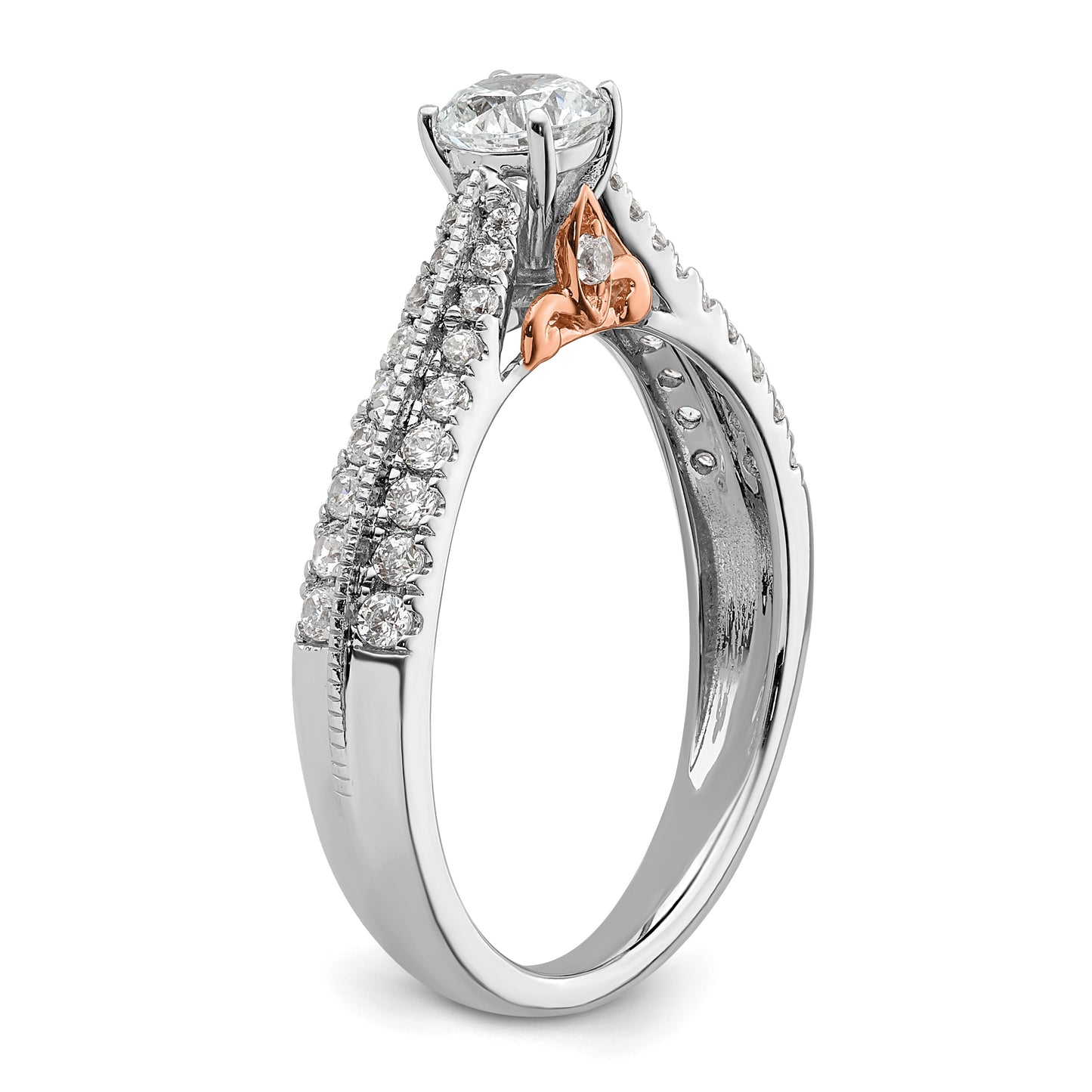 14k Two-tone Two Tone Rose and White Gold 3/4 Ct. Lab Grown Diamond VS/SI+ G+ Round Channel Set Shared Prong Engagement Ring