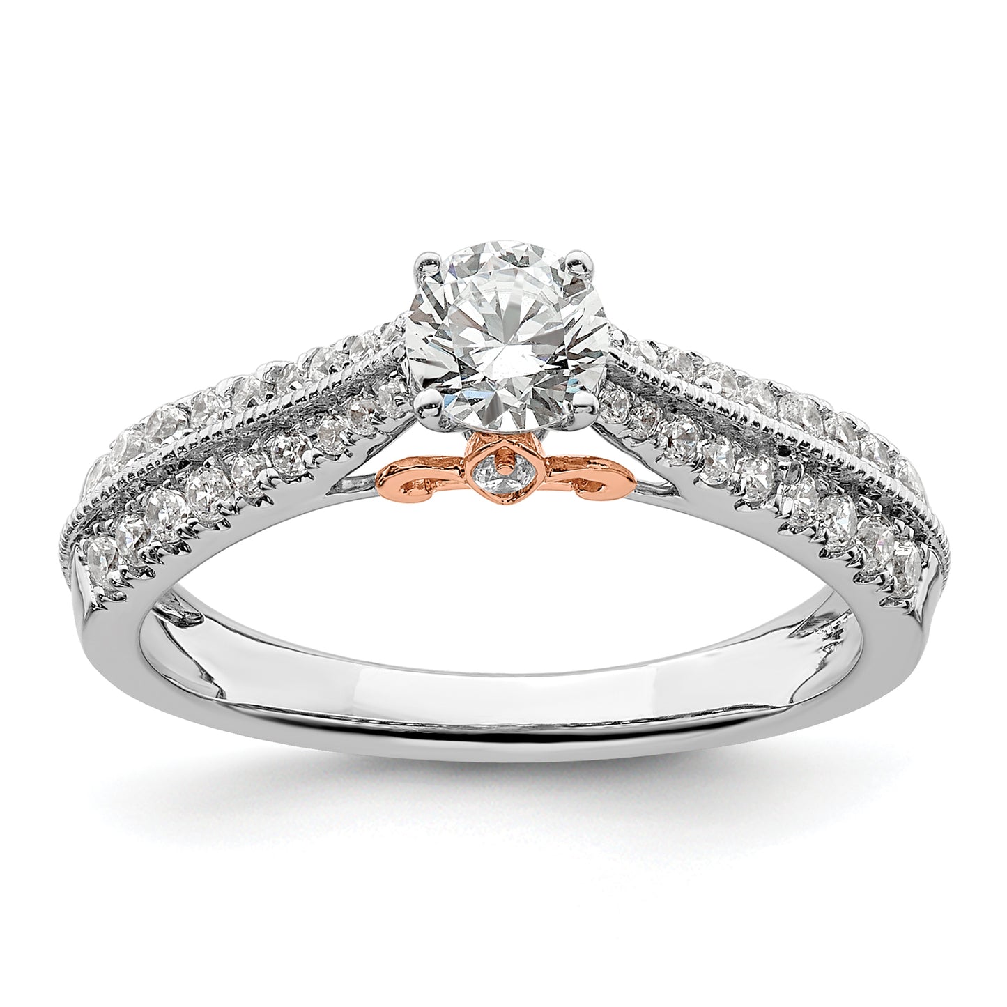 14k Two-tone Two Tone Rose and White Gold 3/4 Ct. Lab Grown Diamond VS/SI+ G+ Round Channel Set Shared Prong Engagement Ring