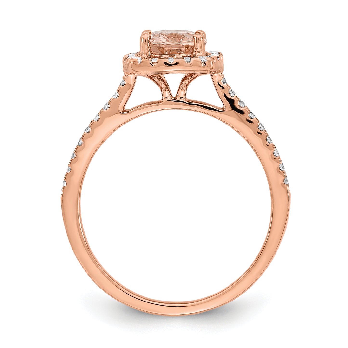 Pure Serenity 14k Rose Gold 1/3 Ct. Lab Grown Diamond VS/SI+ G+ and Long Cushion Morganite Halo Engagement Ring