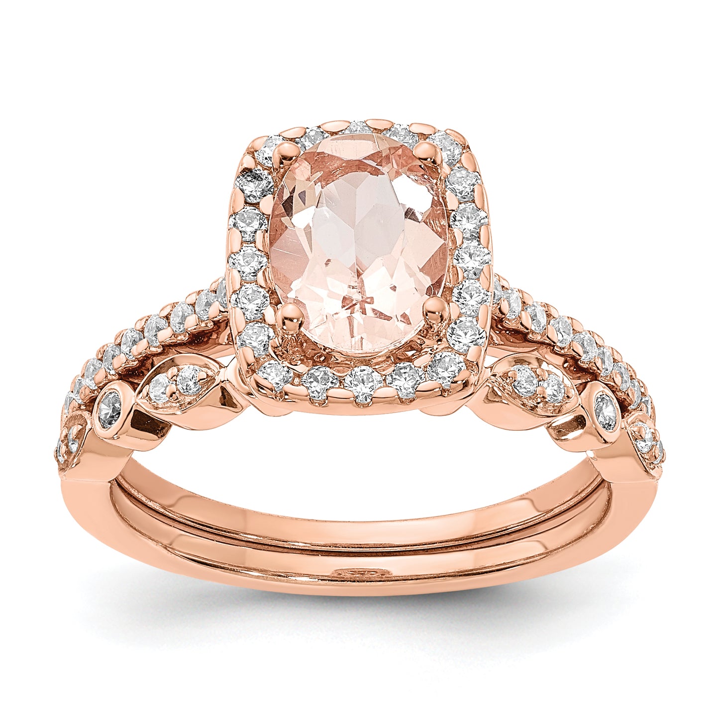 Pure Serenity 14k Rose Gold 1/3 Ct. Lab Grown Diamond VS/SI+ G+ and Long Cushion Morganite Halo Engagement Ring