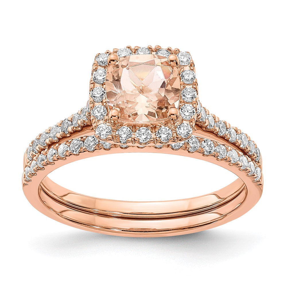 Pure Serenity 14k Rose Gold 1/4 Ct. Lab Grown Diamond VS/SI+ G+ and Cushion Morganite Halo Engagement Ring