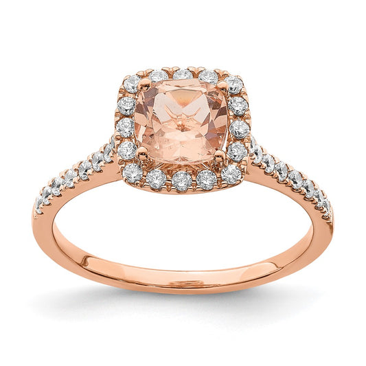 Pure Serenity 14k Rose Gold 1/4 Ct. Lab Grown Diamond VS/SI+ G+ and Cushion Morganite Halo Engagement Ring