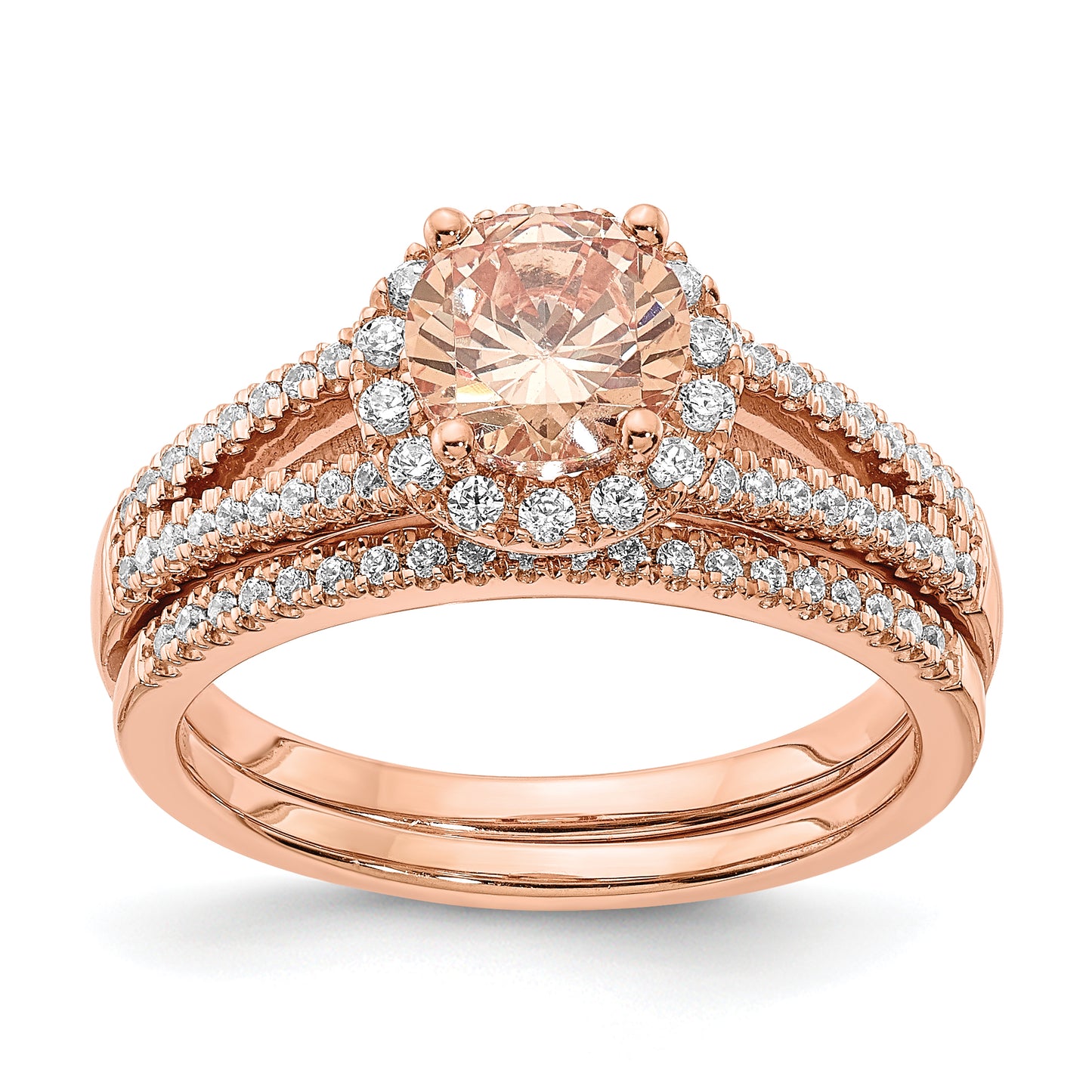 Pure Serenity 14k Rose Gold 1/4 Ct. Lab Grown Diamond VS/SI+ G+ and Round Morganite Halo Engagement Ring