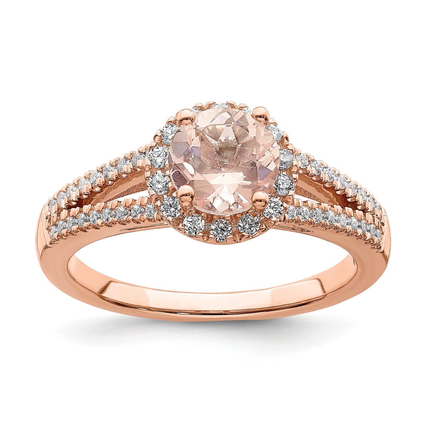 Pure Serenity 14k Rose Gold 1/4 Ct. Lab Grown Diamond VS/SI+ G+ and Round Morganite Halo Engagement Ring