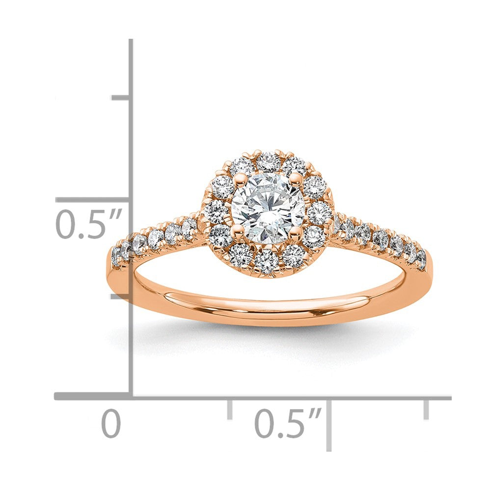 14k Rose Gold 3/4 Ct. Lab Grown Diamond VS/SI+ G+ Round Complete Halo Engagement Ring