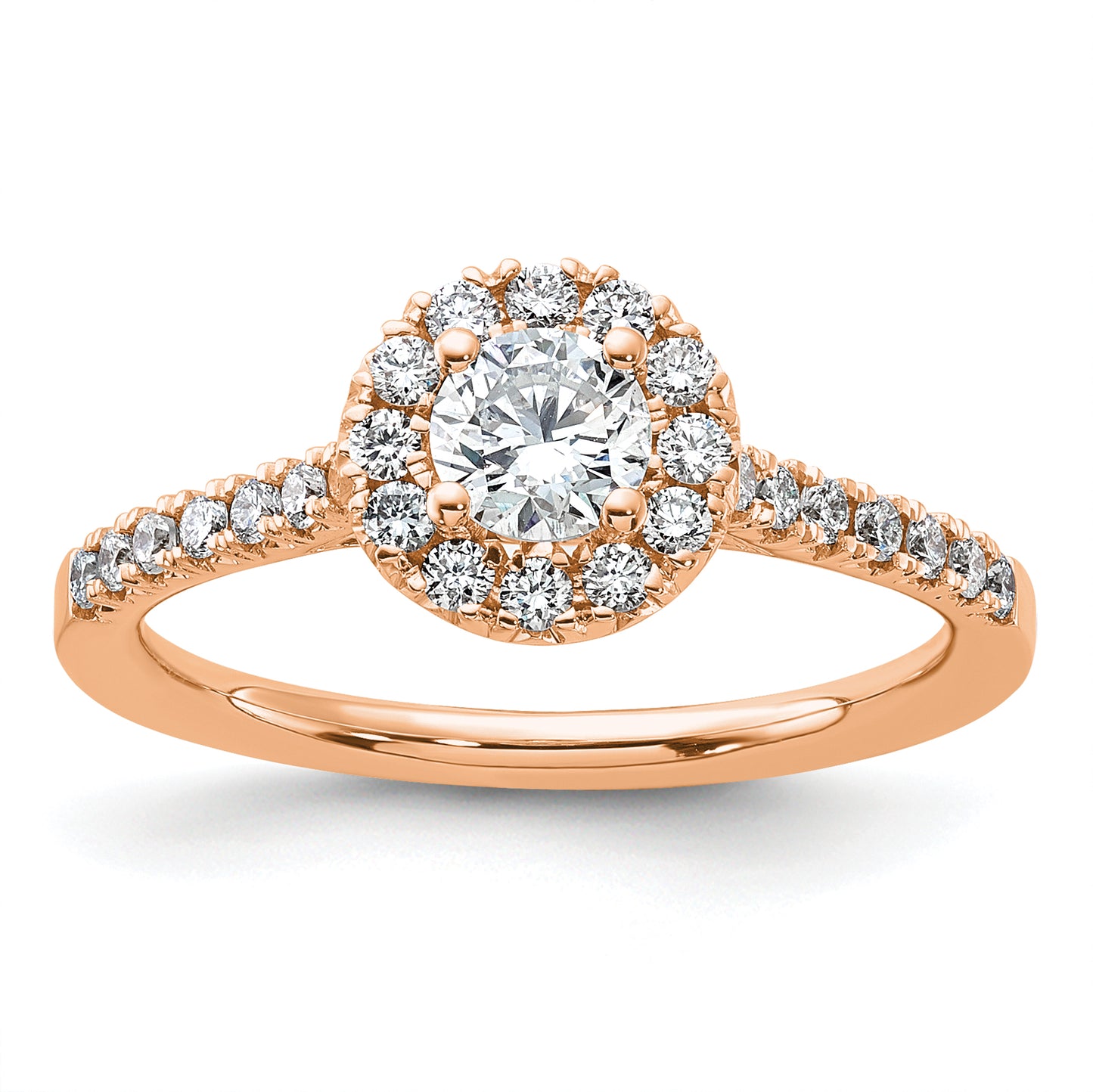 14k Rose Gold 3/4 Ct. Lab Grown Diamond VS/SI+ G+ Round Halo Engagement Ring