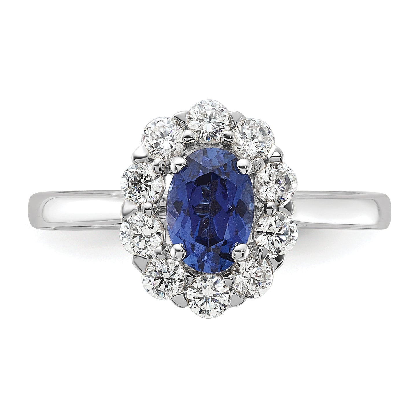 14k White Gold 5/8 Ct. Lab Grown Diamond VS/SI+ G+ and Oval Lab Created Blue Sapphire Halo Fashion Ring