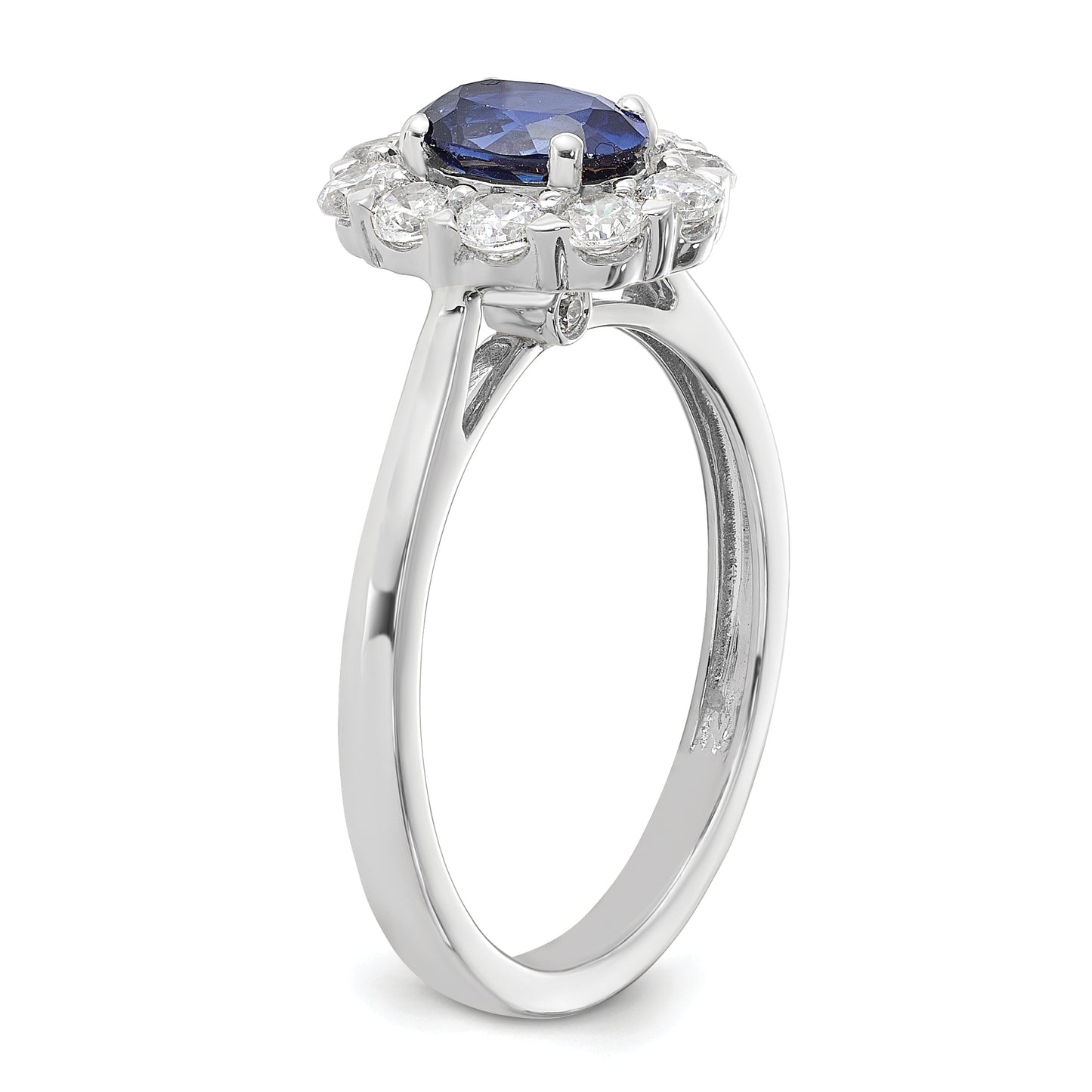 14k White Gold 5/8 Ct. Lab Grown Diamond VS/SI+ G+ and Oval Lab Created Blue Sapphire Halo Fashion Ring