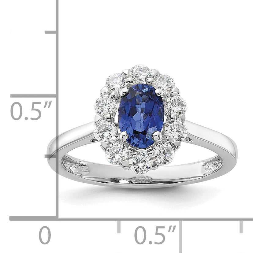 14k White Gold 5/8 Ct. Lab Grown Diamond VS/SI+ G+ and Oval Lab Created Blue Sapphire Halo Fashion Ring