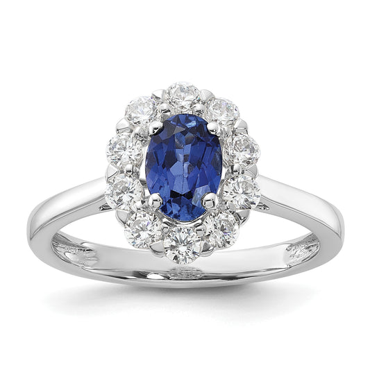 14k White Gold 5/8 Ct. Lab Grown Diamond VS/SI+ G+ and Oval Lab Created Blue Sapphire Halo Fashion Ring