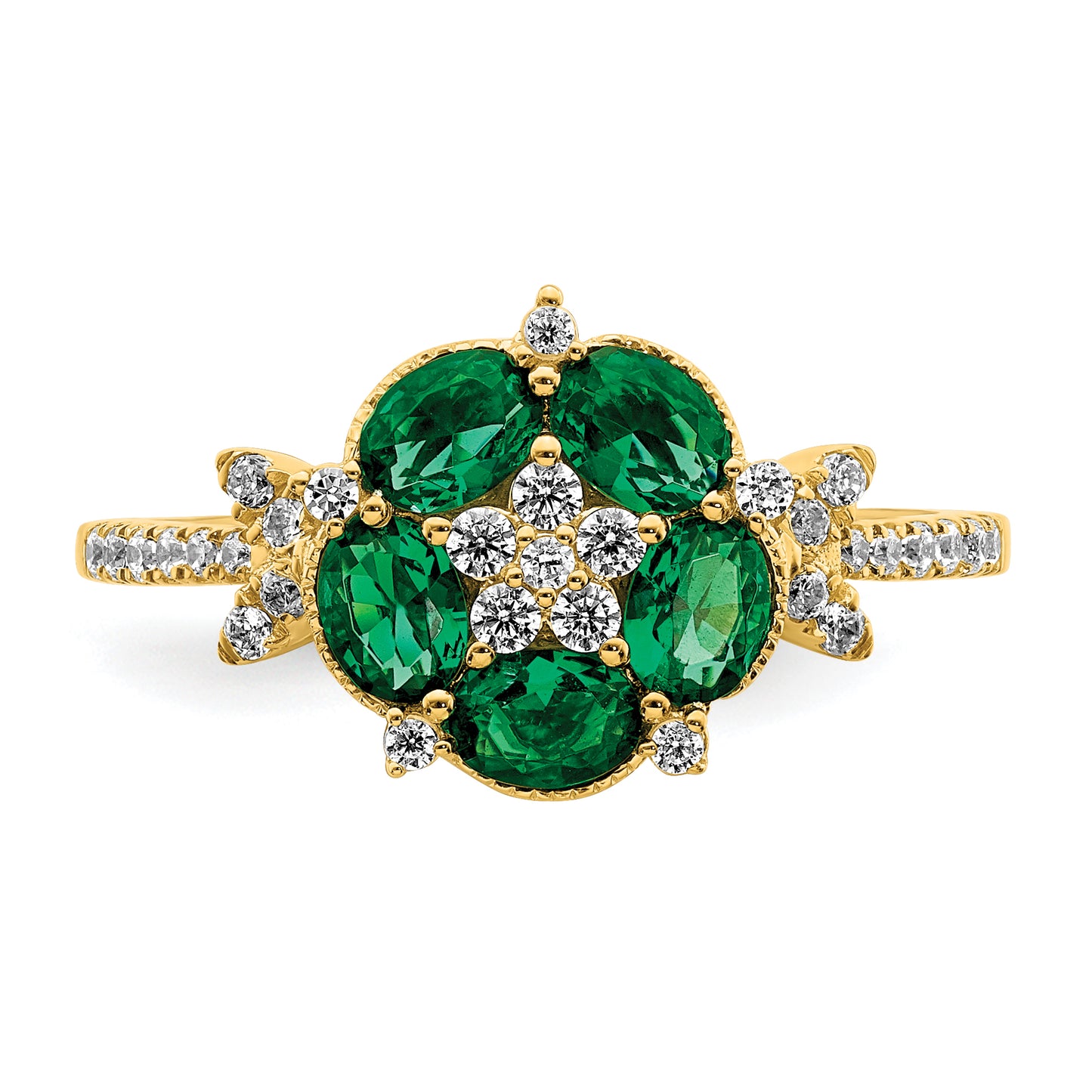 14k Yellow Gold Lab Grown Diamond and Lab Created Emerald Floral Ring